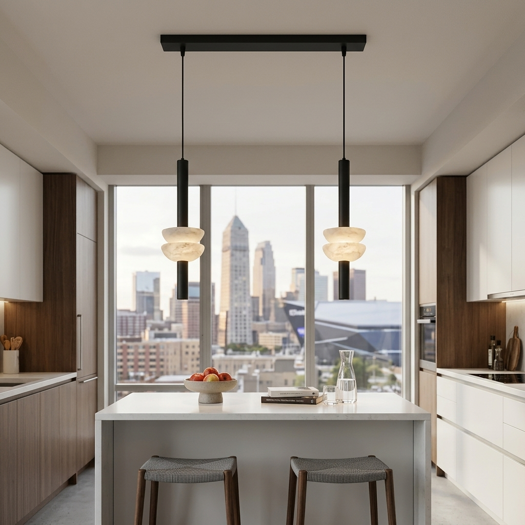 Brontee 2-light linear alabaster pendant in black over a Minneapolis condo kitchen island