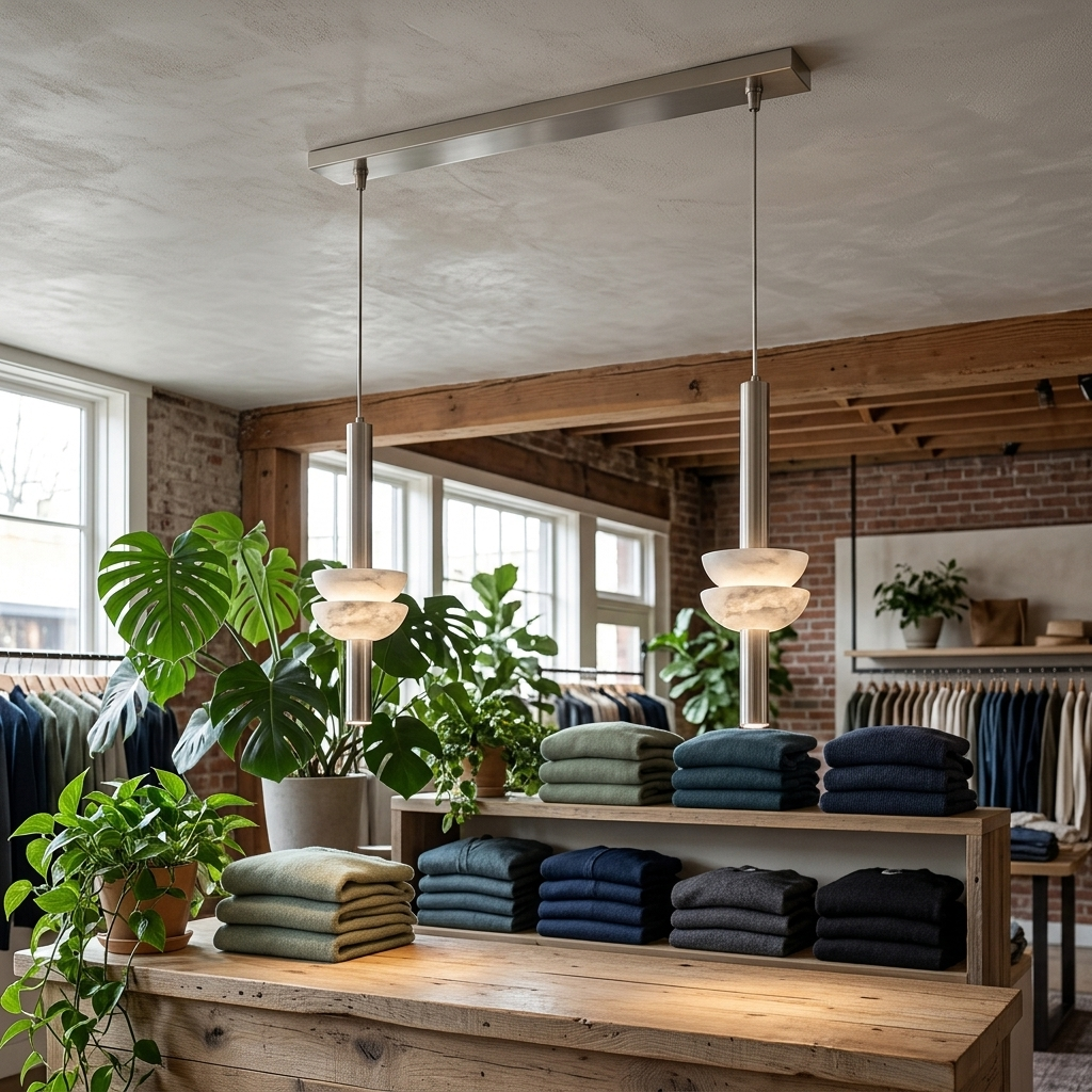 Brontee 2-light linear alabaster pendant in nickel over a Portland boutique checkout counter