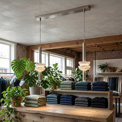 Brontee 2-light linear alabaster pendant in nickel over a Portland boutique checkout counter