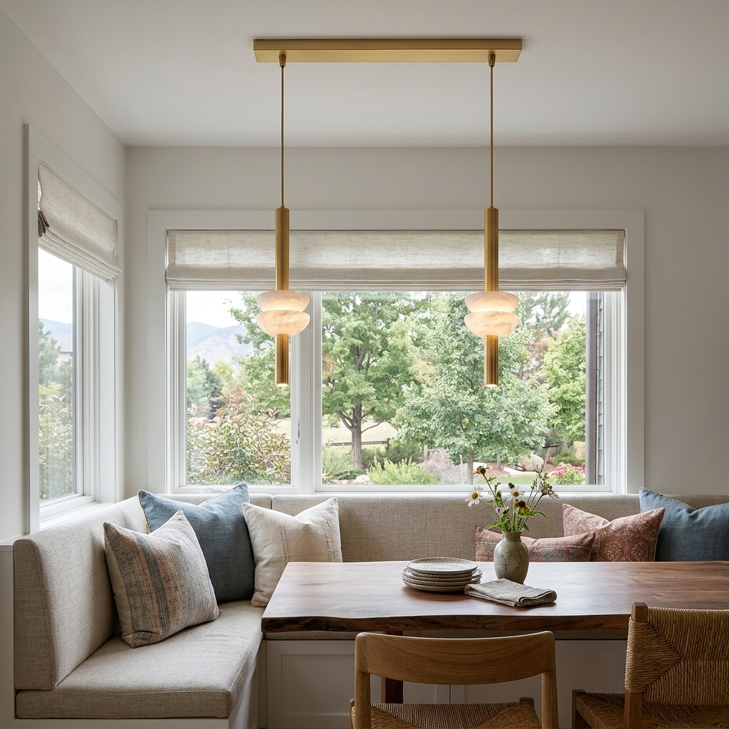 Brontee 2-light linear alabaster pendant in gold over a Denver home dining nook