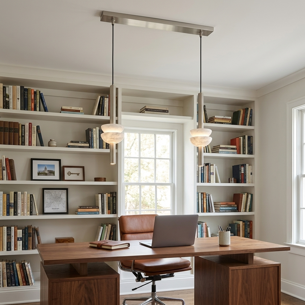 Brontee 2-light linear alabaster pendant in nickel over a desk in a Raleigh home office