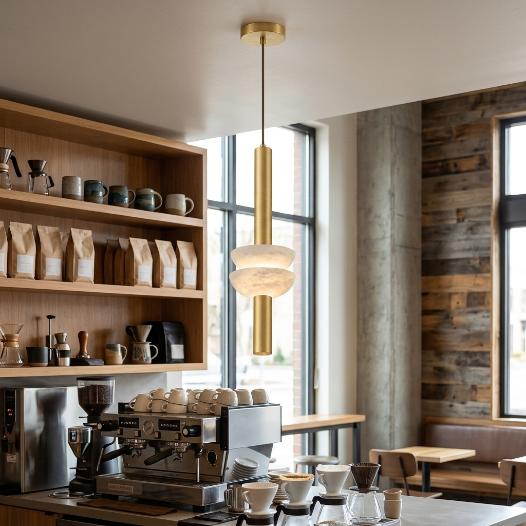 Brontee single alabaster column pendant in gold above a Seattle coffee shop counter