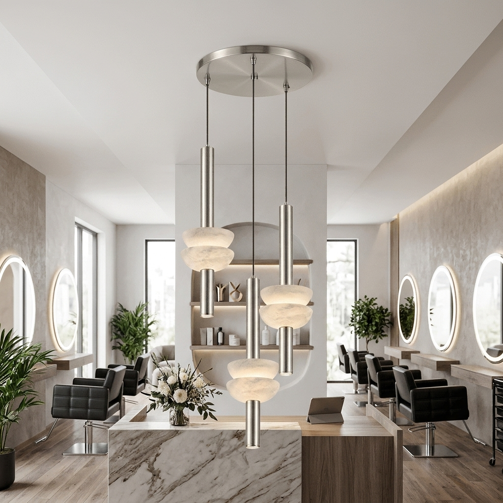 Brontee 3-light round alabaster pendant in nickel above a Houston salon reception desk