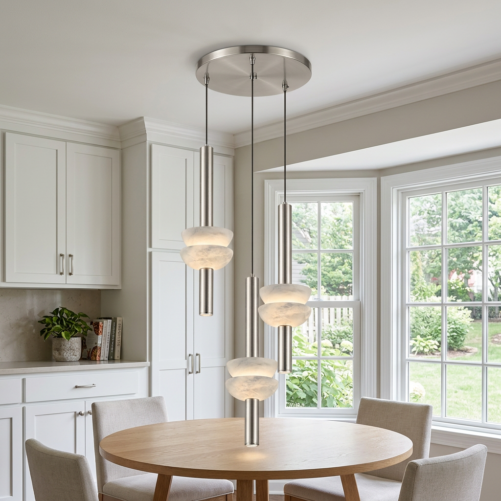 Brontee 3-light round alabaster pendant in nickel over a Kansas City breakfast table