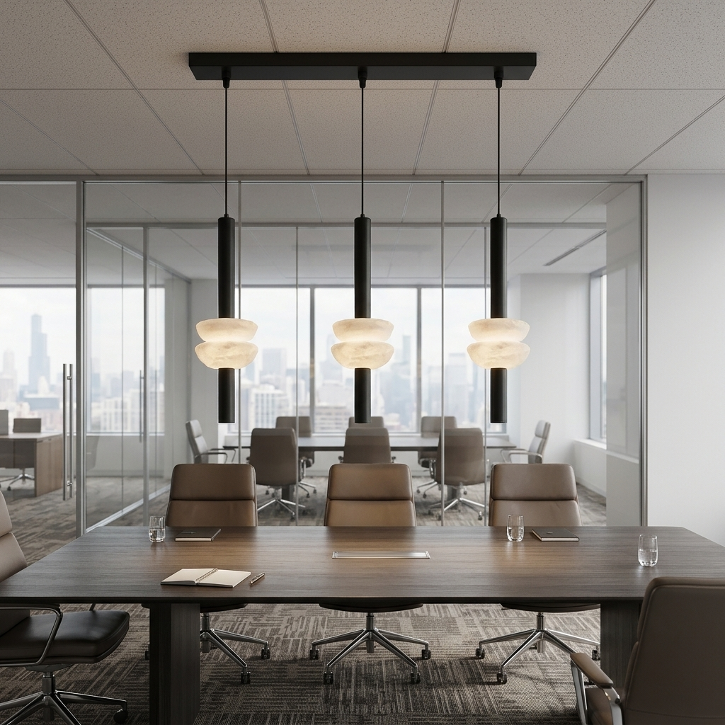 Brontee 3-light linear alabaster pendant in black over a Chicago office conference table