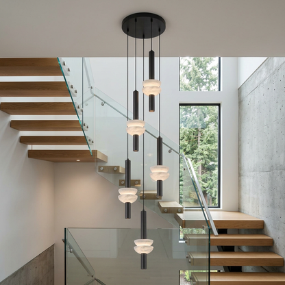 Brontee 5-head alabaster cluster pendant in black in a Seattle modern home stairwell