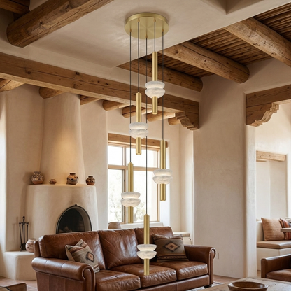 Brontee 5-head alabaster cluster pendant in gold in a Santa Fe hotel lobby