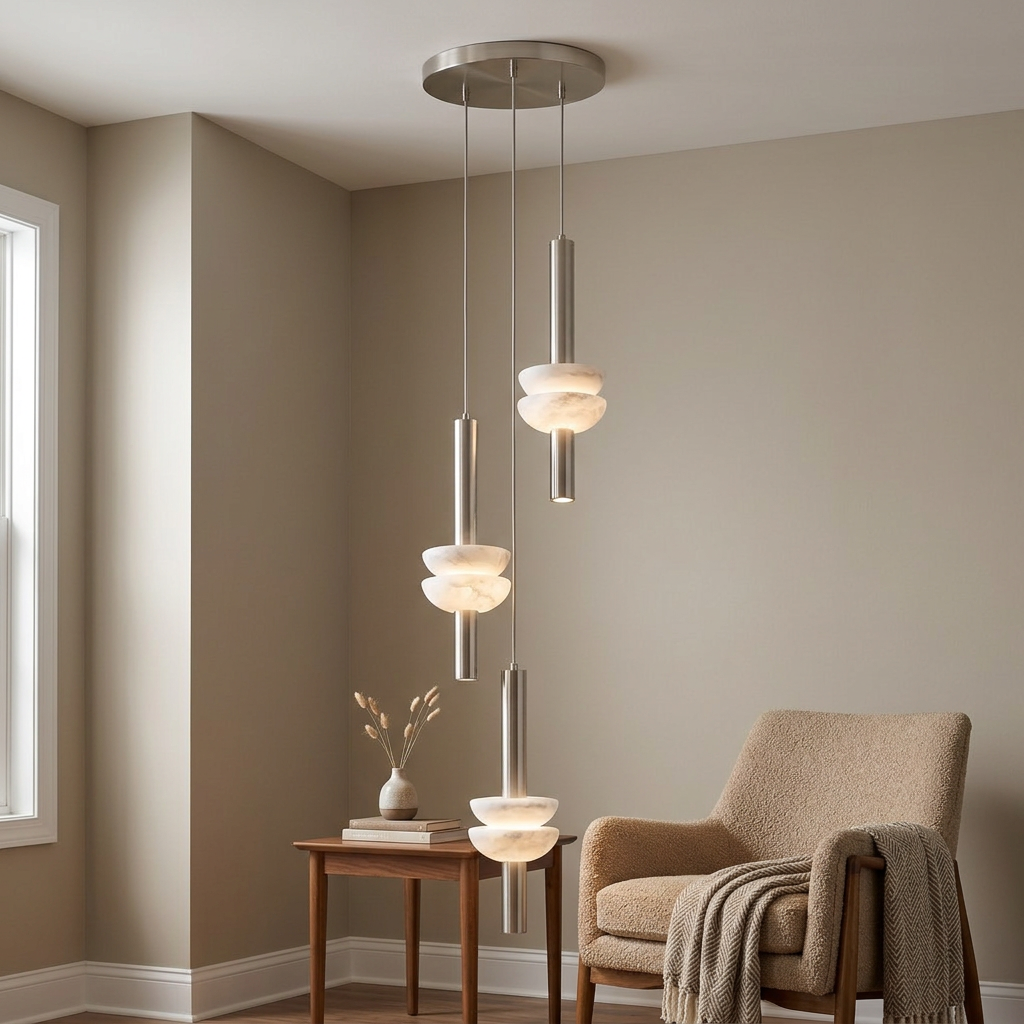 Brontee 3-head alabaster cluster pendant in nickel in a Columbus home living room
