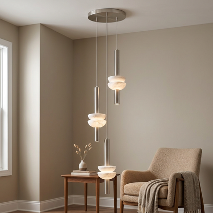 Brontee 3-head alabaster cluster pendant in nickel in a Columbus home living room