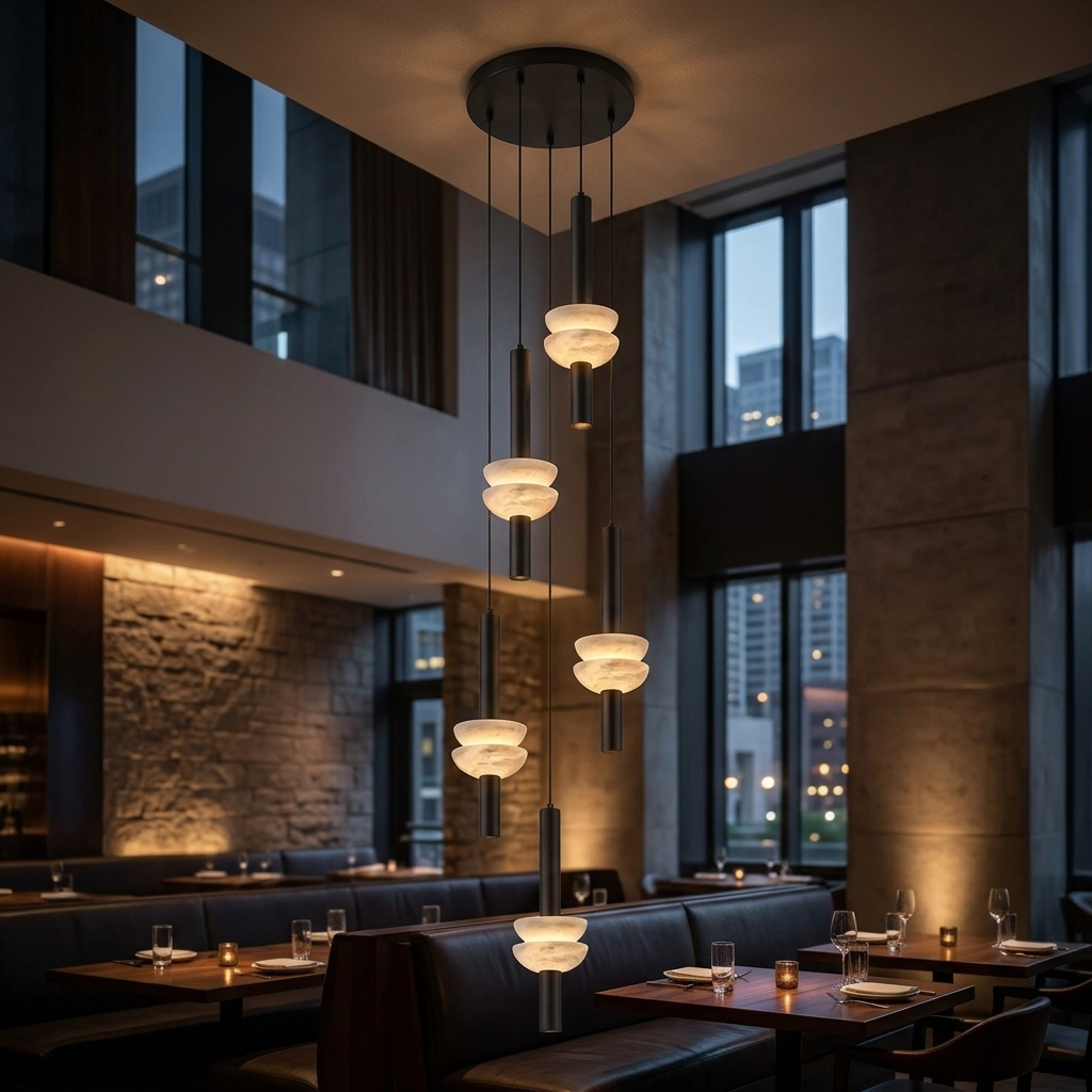 Brontee 5-head alabaster cluster pendant in black in a Chicago restaurant atrium