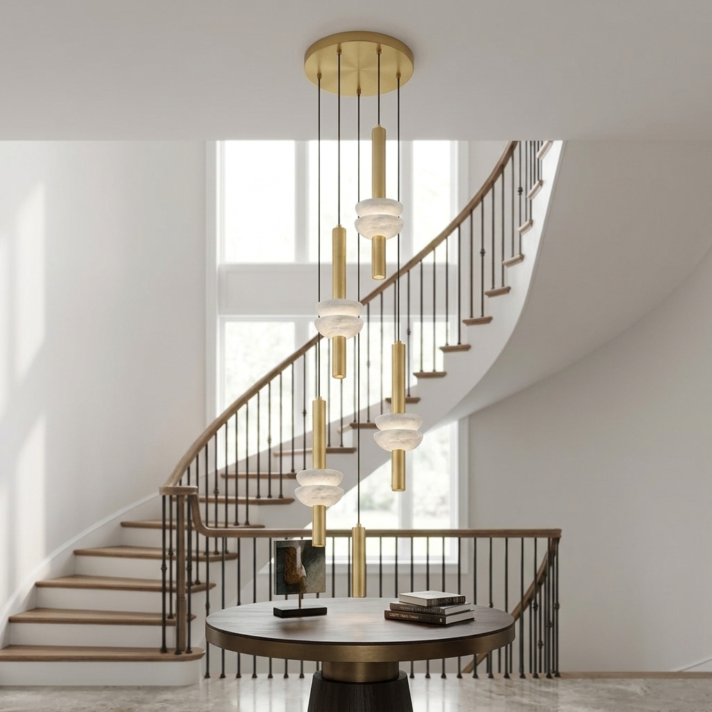 Brontee 5-head alabaster cluster pendant in gold in a Charlotte two-story entry
