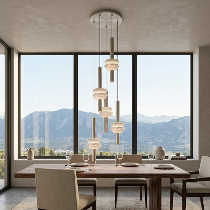Brontee 5-head alabaster cluster pendant in nickel over a Denver home dining table