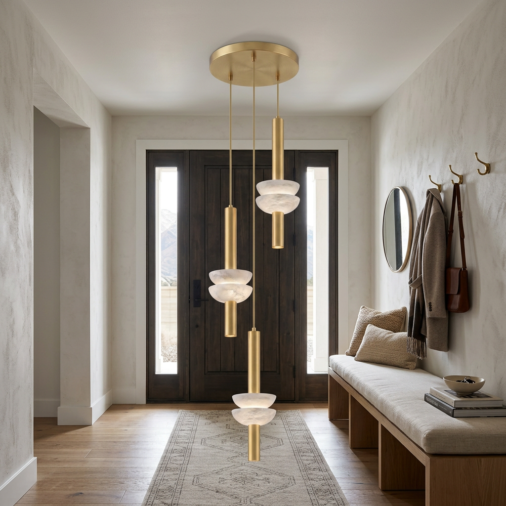 Brontee 3-head alabaster cluster pendant in gold in a Salt Lake City home entry