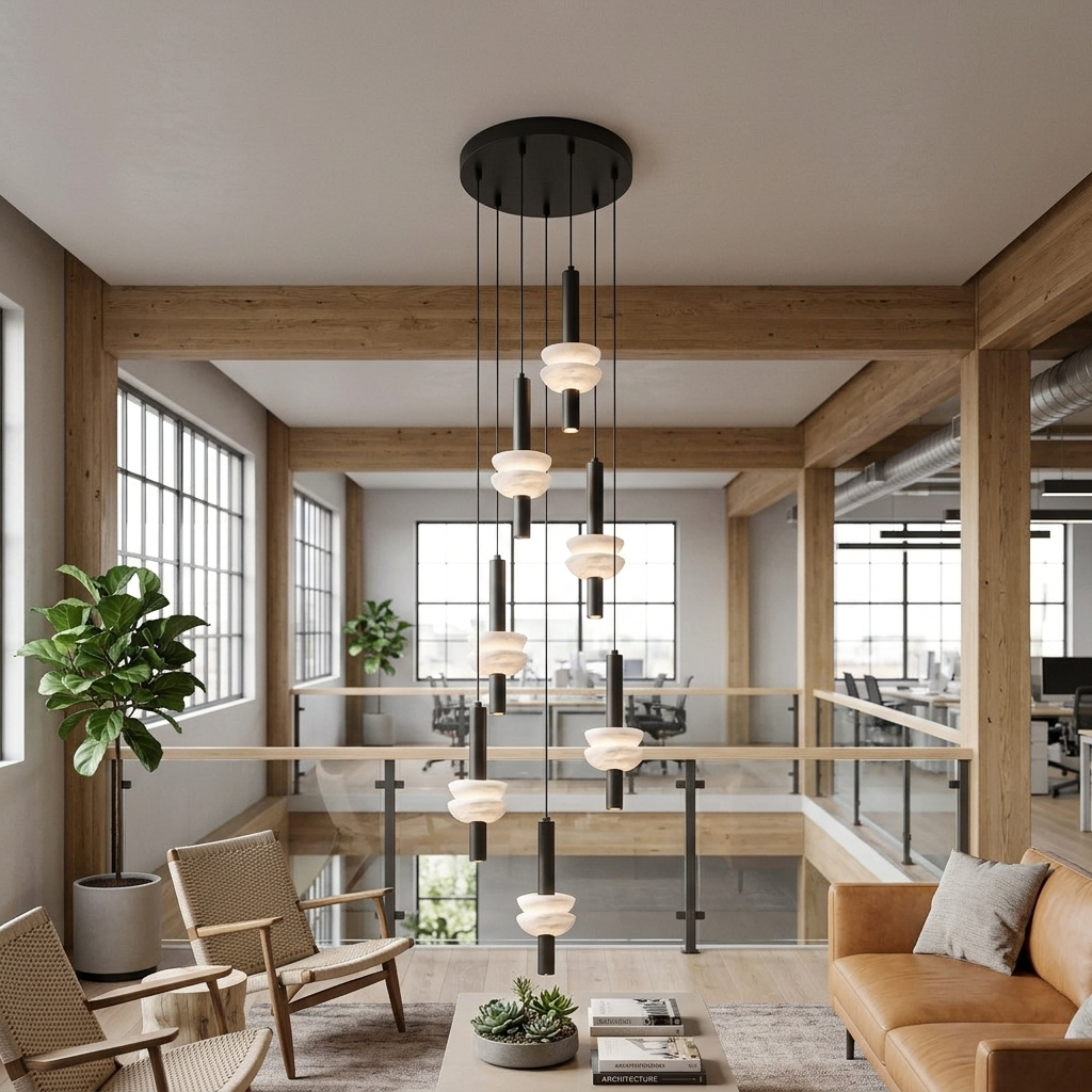 Brontee 7-head alabaster cluster pendant in black in an Austin office atrium