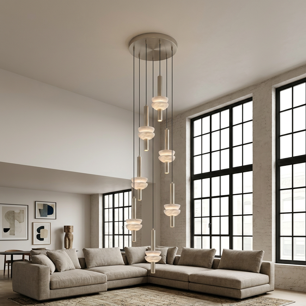 Brontee 7-head alabaster cluster pendant in nickel in a Brooklyn loft living room