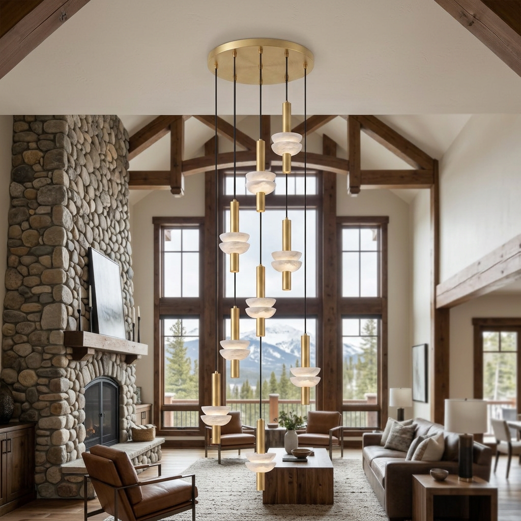 Brontee 9-head alabaster cluster pendant in gold in a Colorado mountain home great room