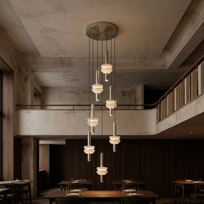 Brontee 7-head alabaster cluster pendant in nickel in a San Francisco restaurant