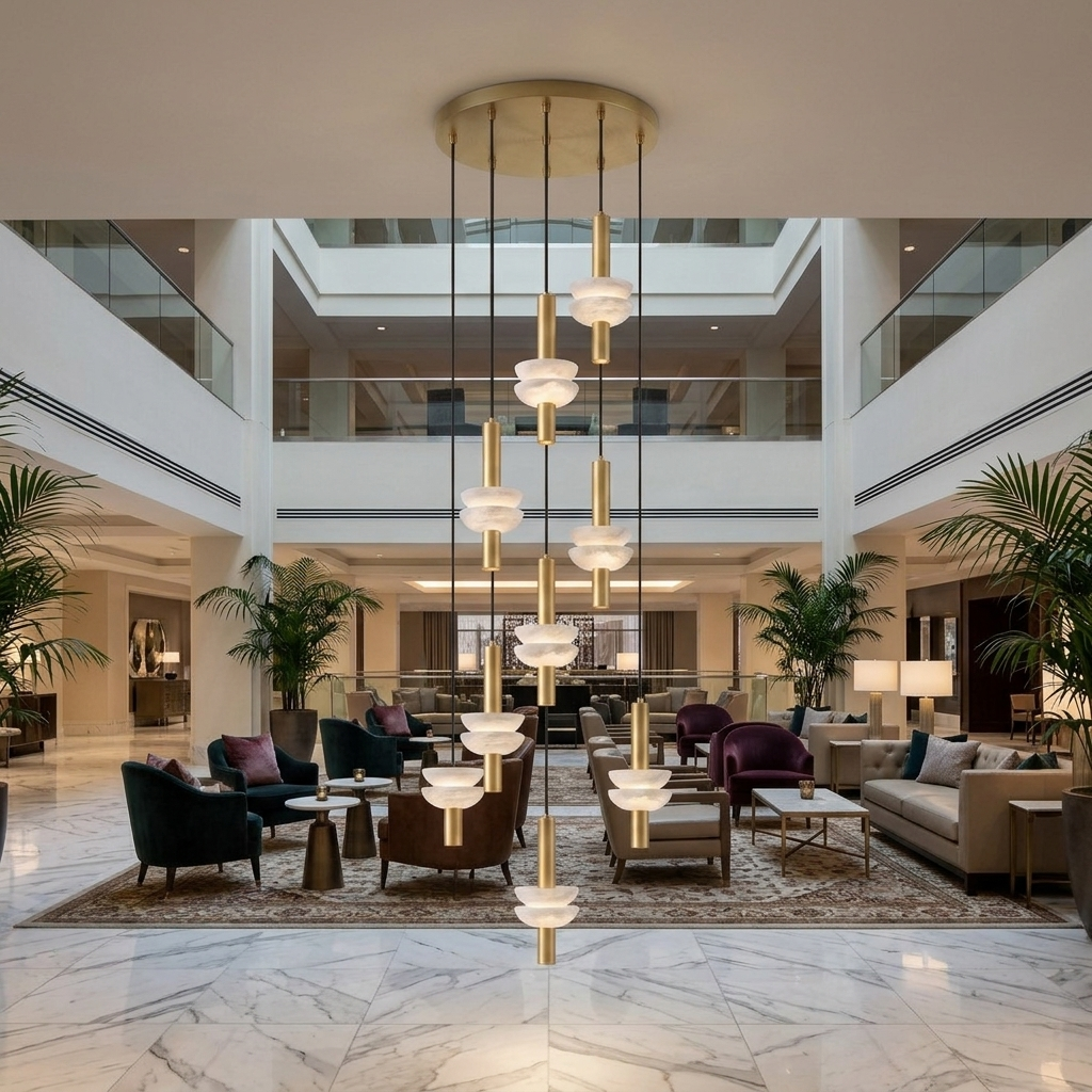 Brontee 9-head alabaster cluster pendant in gold in a Las Vegas hotel atrium