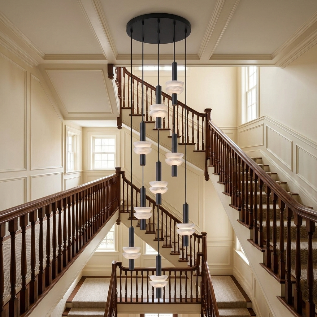 Brontee 9-head alabaster cluster pendant in black in a Boston townhouse stairwell