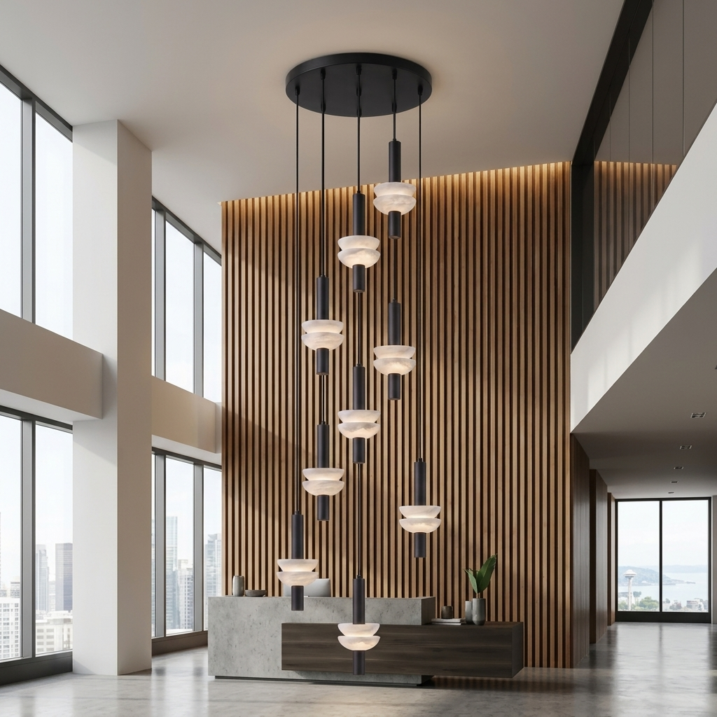 Brontee 9-head alabaster cluster pendant in black in a Seattle office lobby