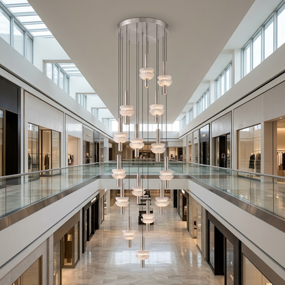 Brontee 15-head alabaster cluster pendant in nickel in a Dallas shopping center atrium