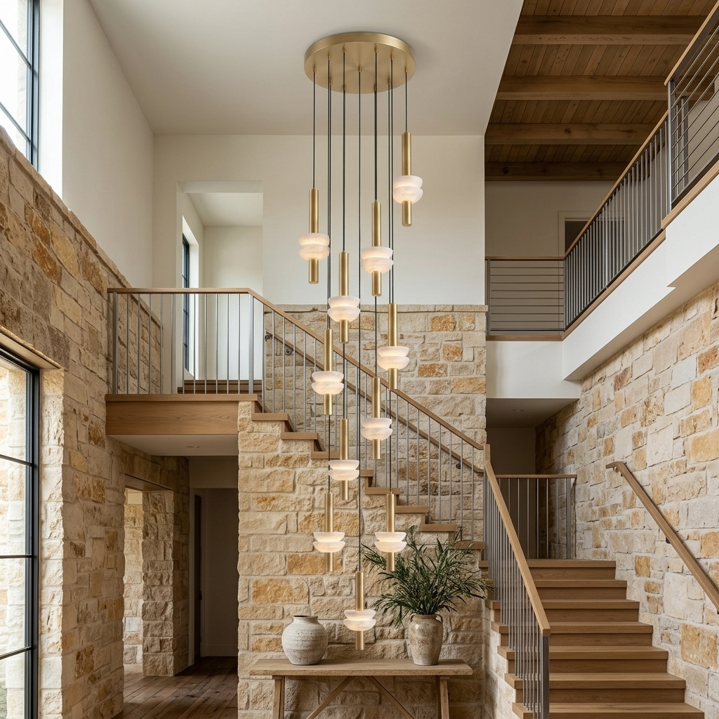 Brontee 11-head alabaster cluster pendant in gold in a Texas Hill Country farmhouse entry