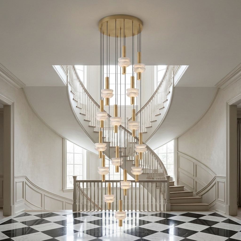 Brontee 15-head alabaster cluster pendant in gold in a Greenwich estate foyer