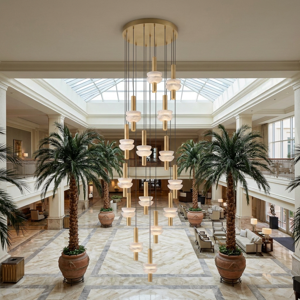 Brontee 15-head alabaster cluster pendant in gold in an Orlando resort atrium