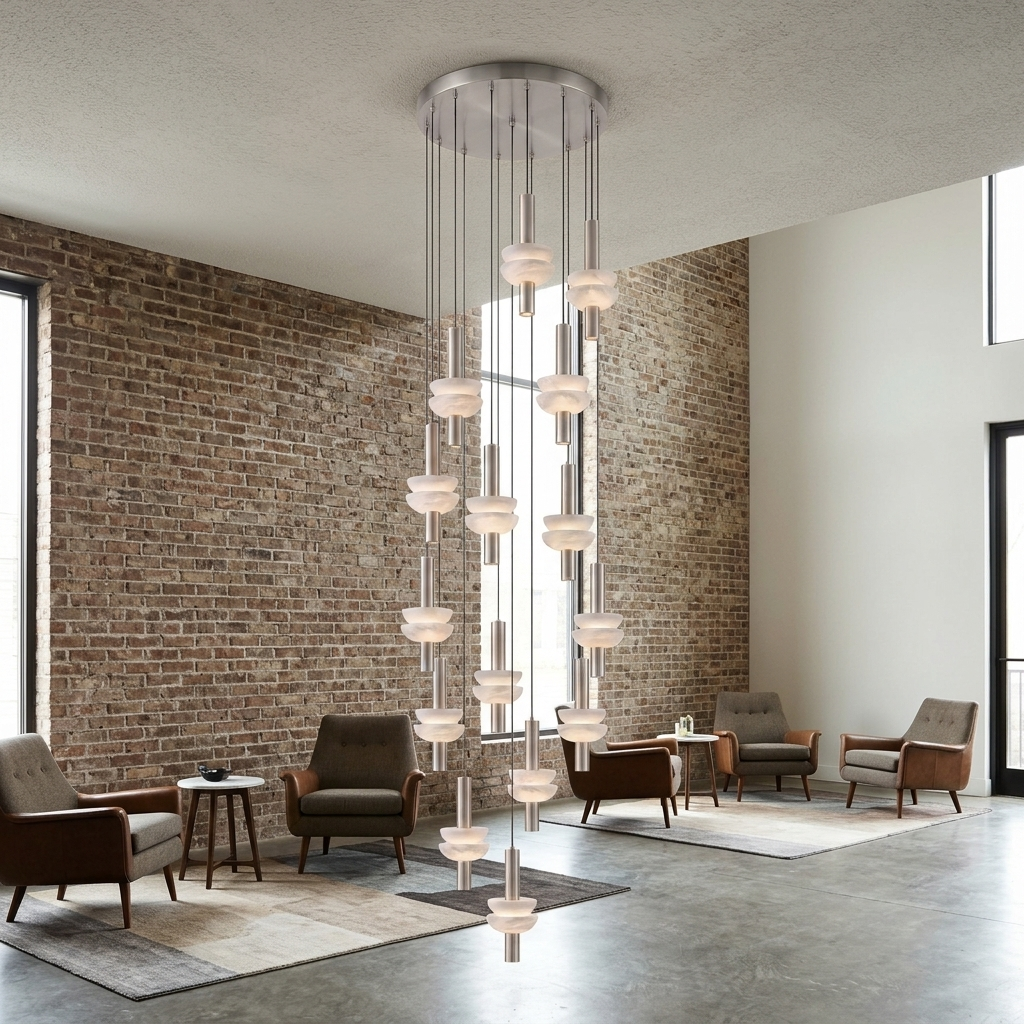 Brontee 15-head alabaster cluster pendant in nickel in a Nashville event venue lobby