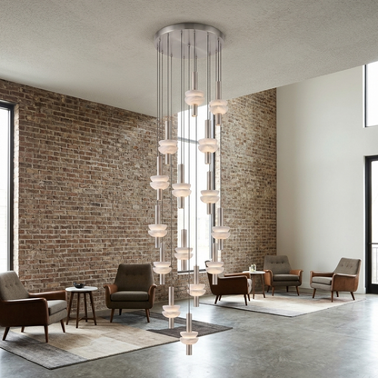 Brontee 15-head alabaster cluster pendant in nickel in a Nashville event venue lobby