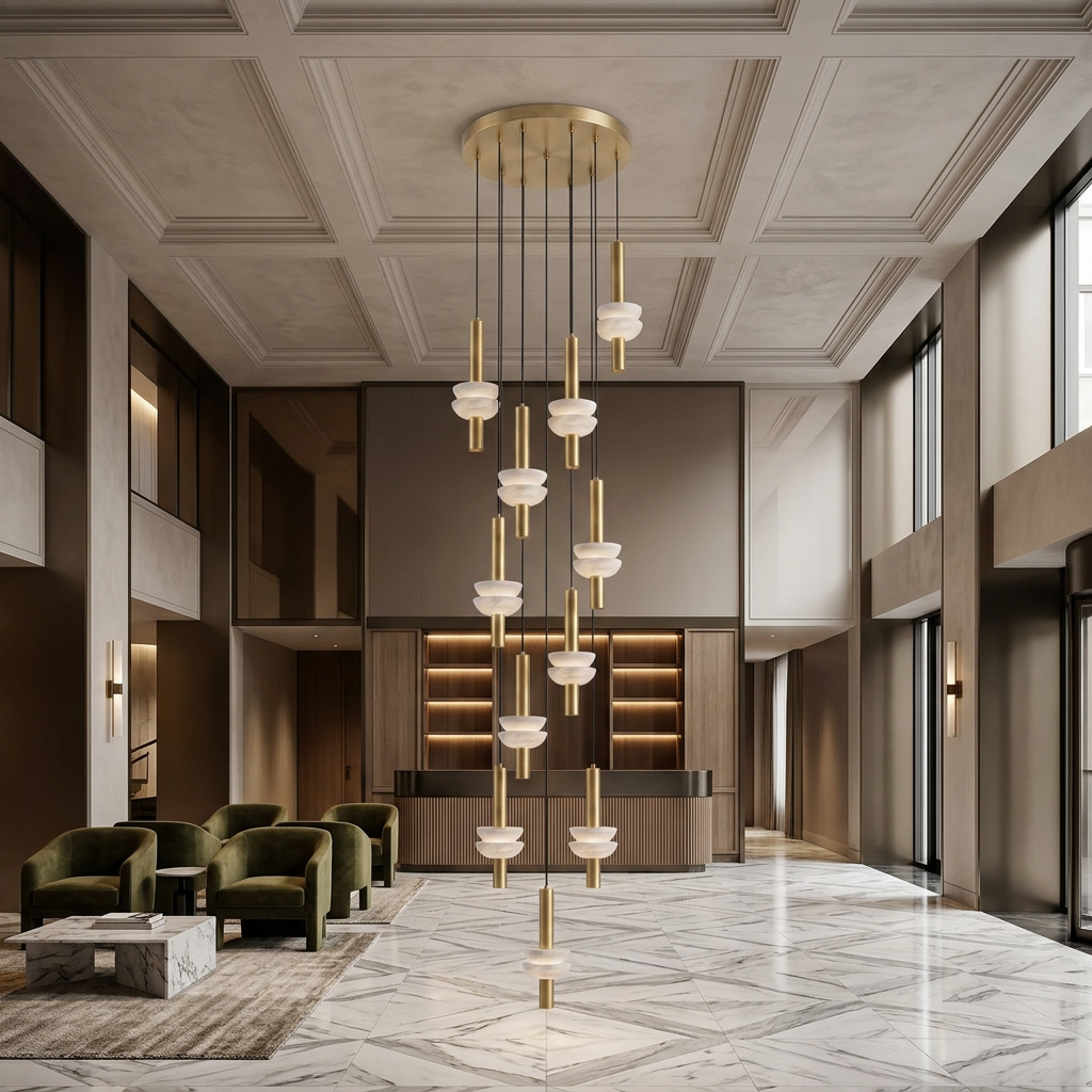 Brontee 11-head alabaster cluster pendant in gold in a Chicago hotel lobby