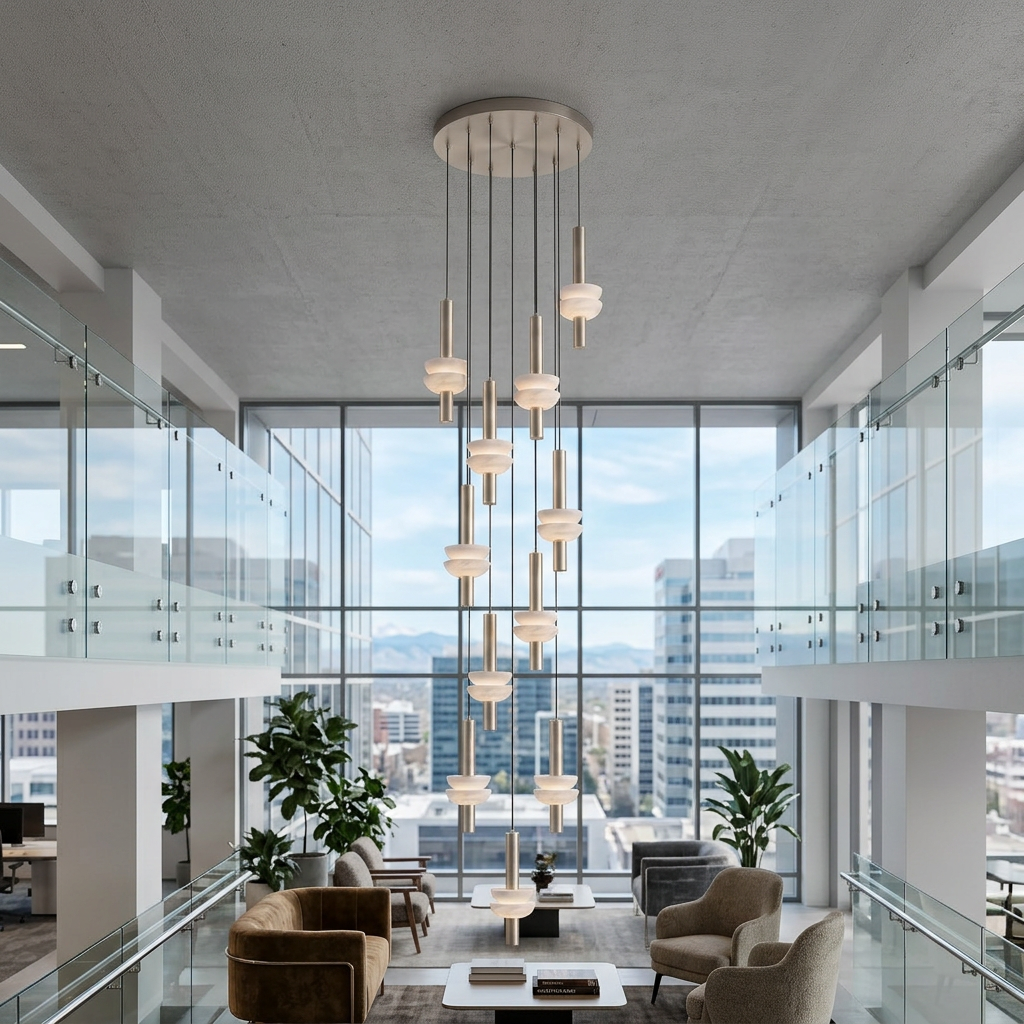 Brontee 11-head alabaster cluster pendant in nickel in a Denver office atrium