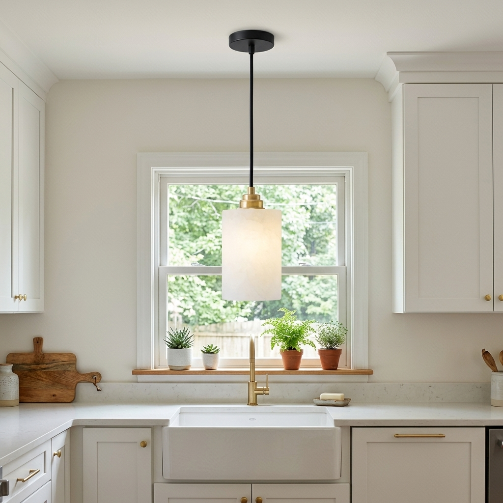 Carmeline Alabaster Cylinder Staircase Chandelier 1-light over the sink in a suburban white kitchen