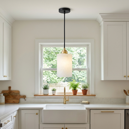 Carmeline Alabaster Cylinder Staircase Chandelier 1-light over the sink in a suburban white kitchen