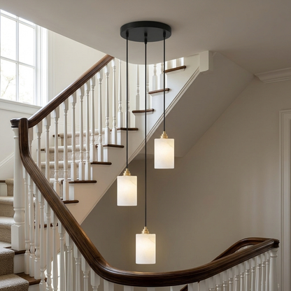 Carmeline Alabaster Cylinder Staircase Chandelier 3-light in a home stairwell