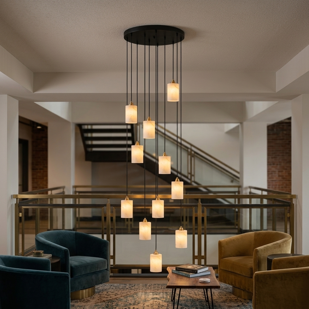 Carmeline Alabaster Cylinder Staircase Chandelier 11-light in a two-story loft lounge