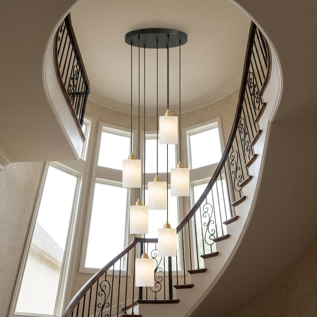 Carmeline Alabaster Cylinder Staircase Chandelier 7-light in a spiral staircase