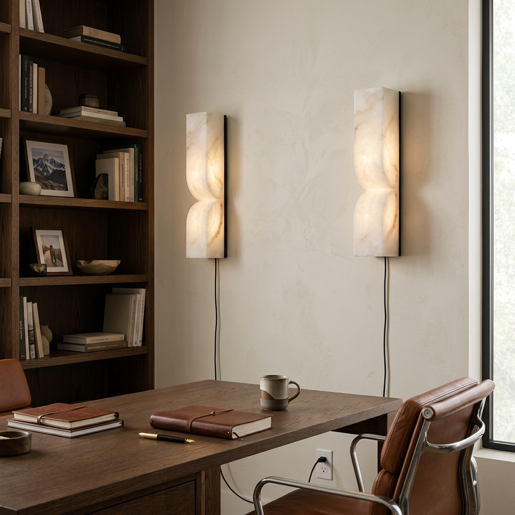 Cerise Carved Alabaster Plug In LED Wall Sconce 13.8 in. in black over a desk in a home office