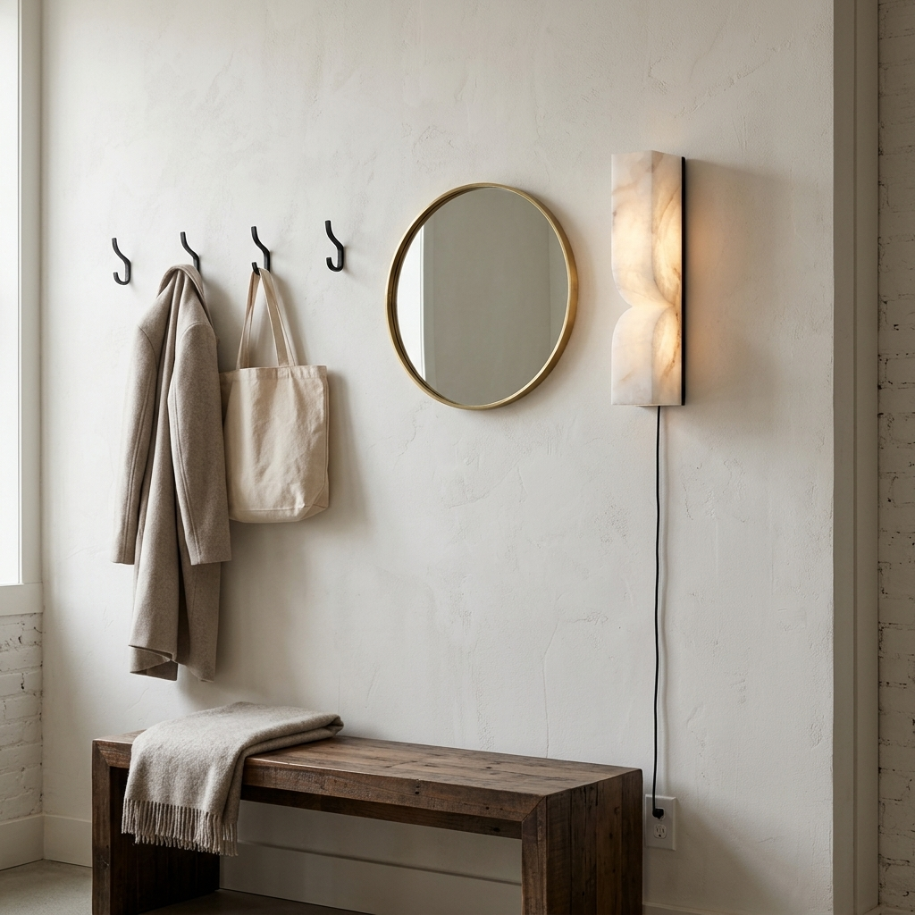 Cerise Carved Alabaster Plug In LED Wall Sconce 13.8 in. in black in a farmhouse mudroom entry