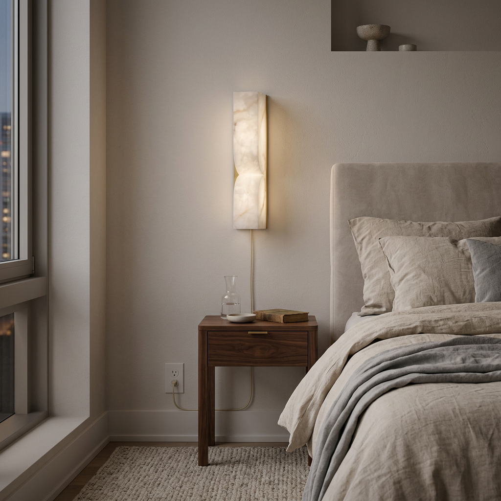 Cerise Carved Alabaster Plug In LED Wall Sconce 13.8 in. in gold beside the bed in a city apartment bedroom