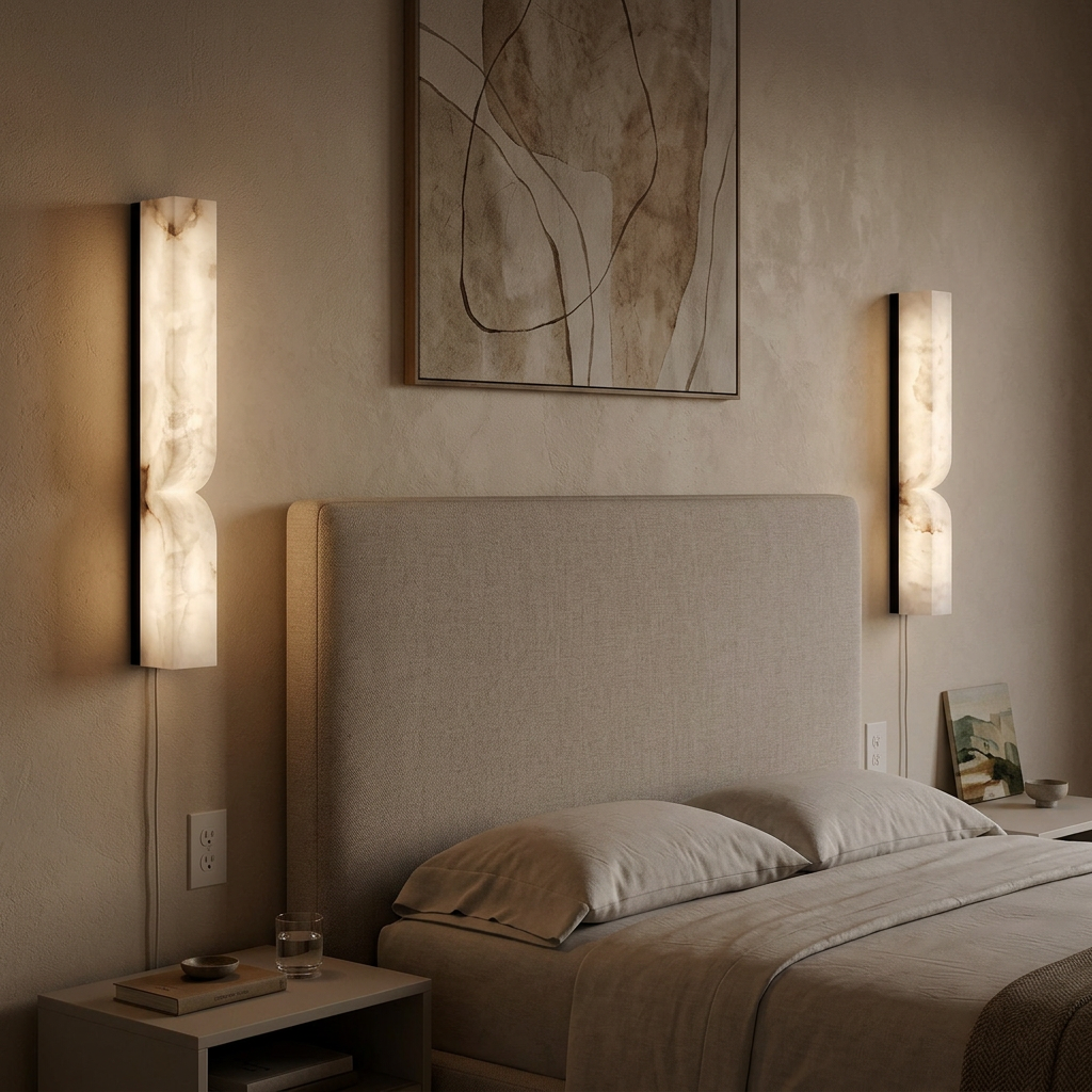 Cerise Carved Alabaster Plug In LED Wall Sconce 23.6 in. in black flanking the bed in a townhouse bedroom