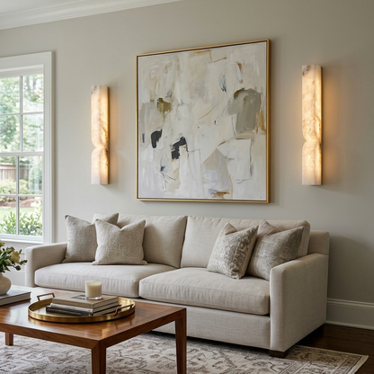 Chantal Solid Carved Alabaster LED Wall Sconce large in gold flanking artwork in an apartment living room