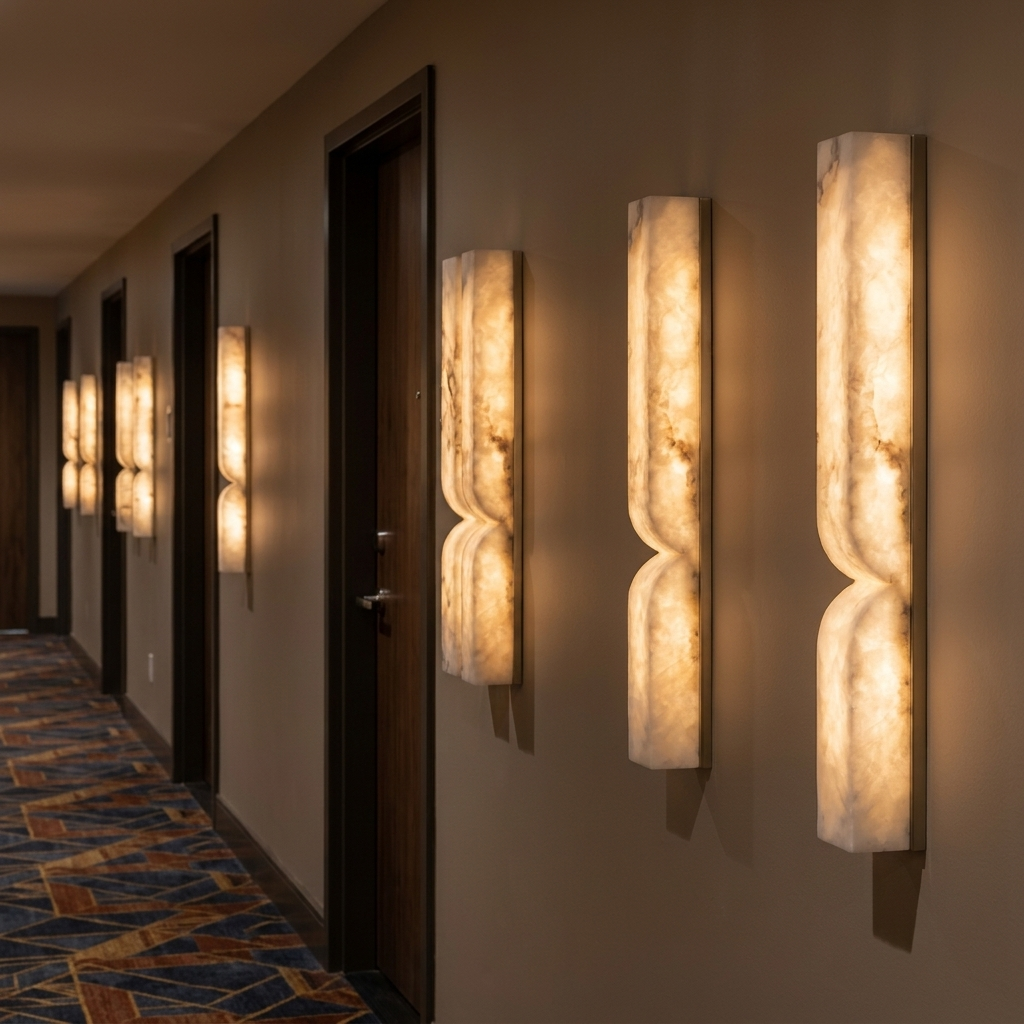 Chantal Solid Carved Alabaster LED Wall Sconce large in nickel along a hotel corridor