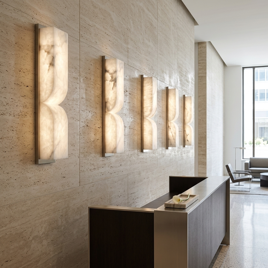Chantal Solid Carved Alabaster LED Wall Sconce 13.8 in. in nickel along an office corridor