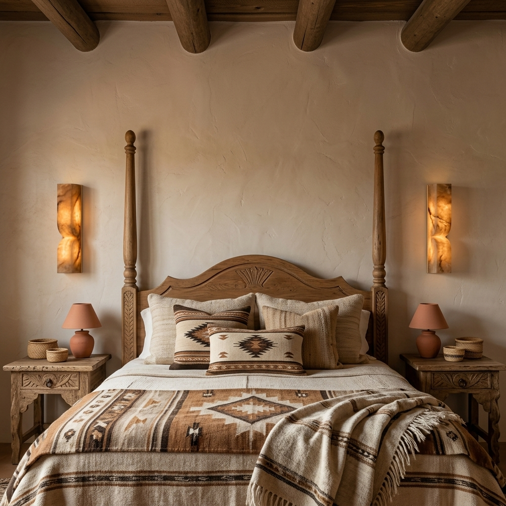Chantal Solid Carved Alabaster LED Wall Sconce 13.8 in. in gold-brown flanking the bed in a farmhouse bedroom