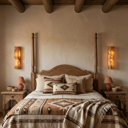 Chantal Solid Carved Alabaster LED Wall Sconce 13.8 in. in gold-brown flanking the bed in a farmhouse bedroom