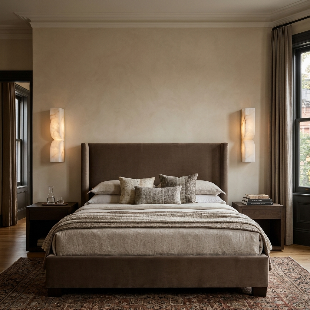 Chantal Solid Carved Alabaster LED Wall Sconce 13.8 in. in gold flanking the bed in a suburban bedroom