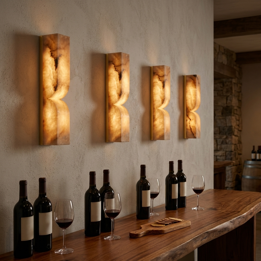 Chantal Solid Carved Alabaster LED Wall Sconce 13.8 in. in gold-brown above a wine bar counter