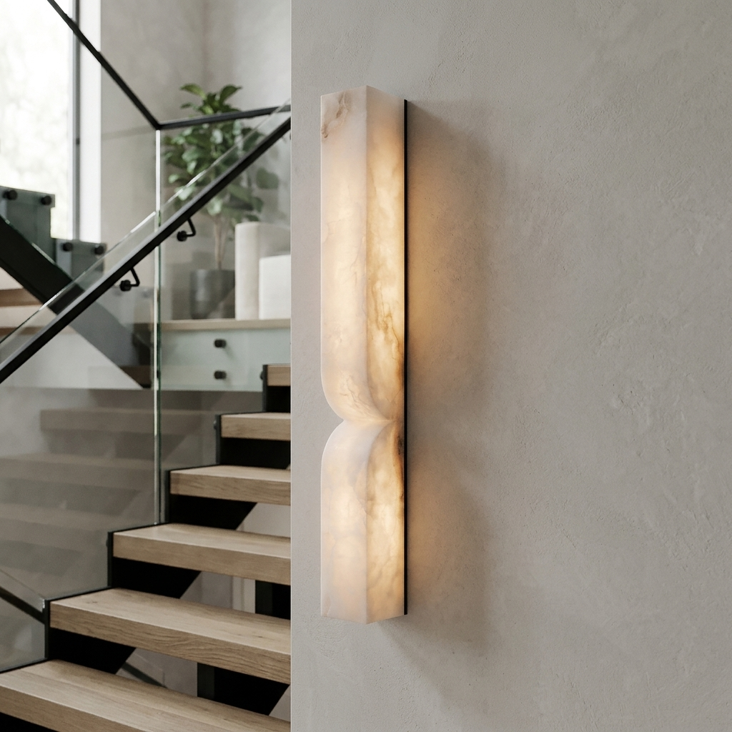 Chantal Solid Carved Alabaster LED Wall Sconce large in black beside a modern staircase
