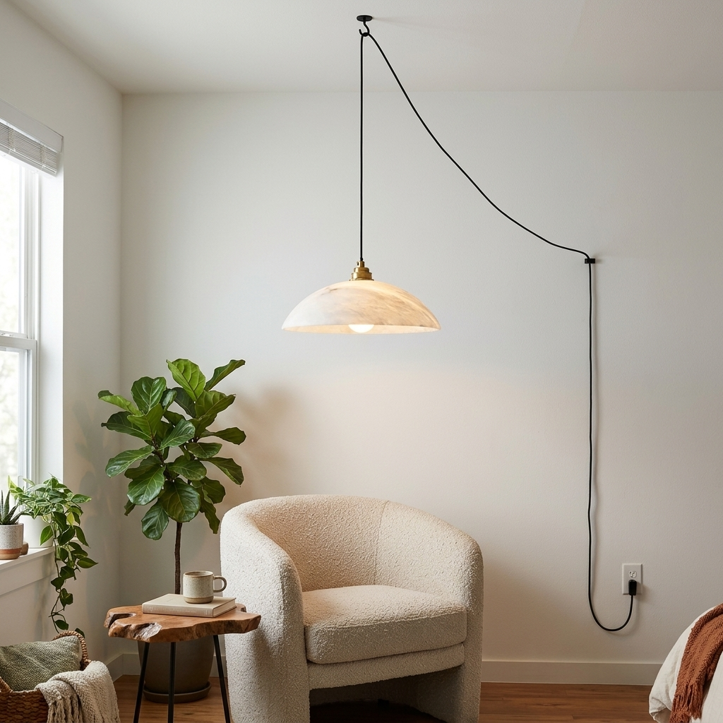 Charlize Plug In Alabaster Dome Swag Pendant Light 11.8 in. over a reading chair in an apartment living room